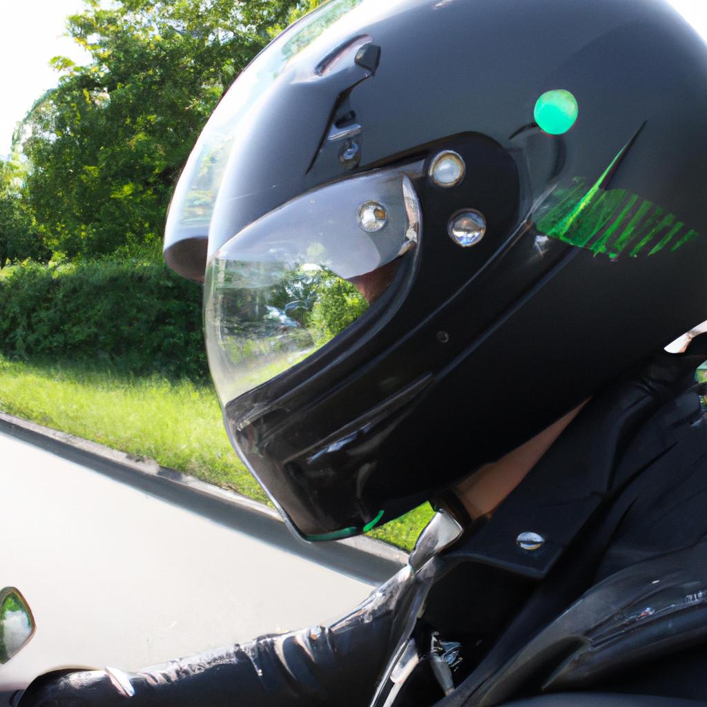 Person wearing motorcycle helmet, driving